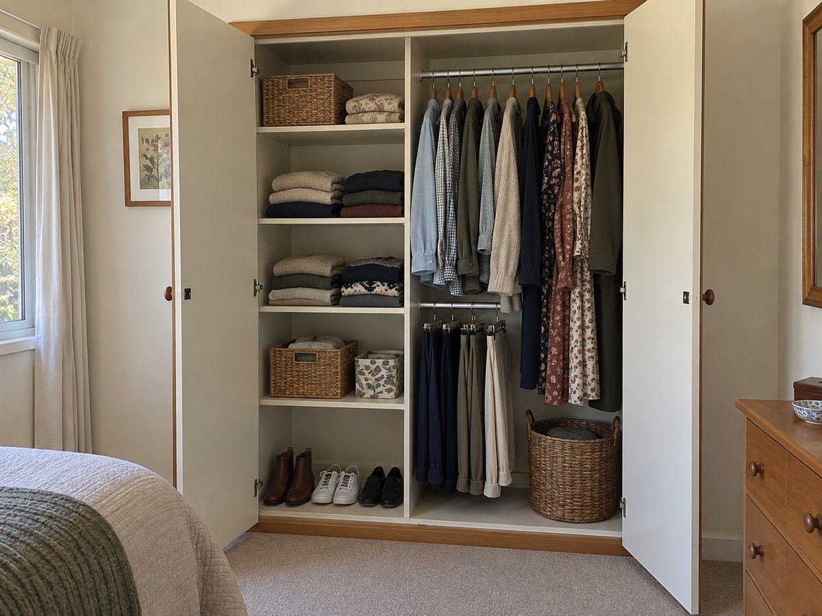 A neatly organised wardrobe with folded jumpers, hanging clothes, woven baskets and shoes in a row