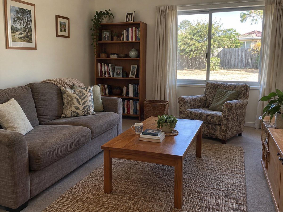 A calm, tidy living room with a timber coffee table, bookshelf and armchair by a sunny window